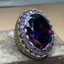 925 Sterling Silver Large Amethyst Ring, Handmade Deep Amethyst Ring
