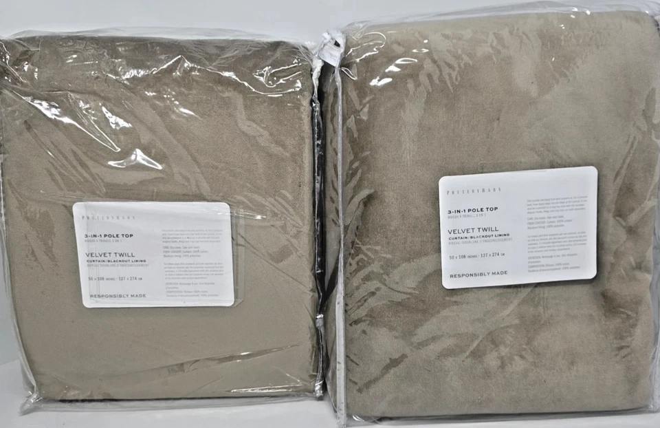 New Pottery Barn Velvet Twill Blackout Drapes 50" x 108" ~Taupe~ Set of 2 - Image 3 of 3