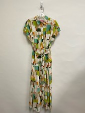 Size 6 Cream Green/Multi Color Block Button Up Ladies Dress