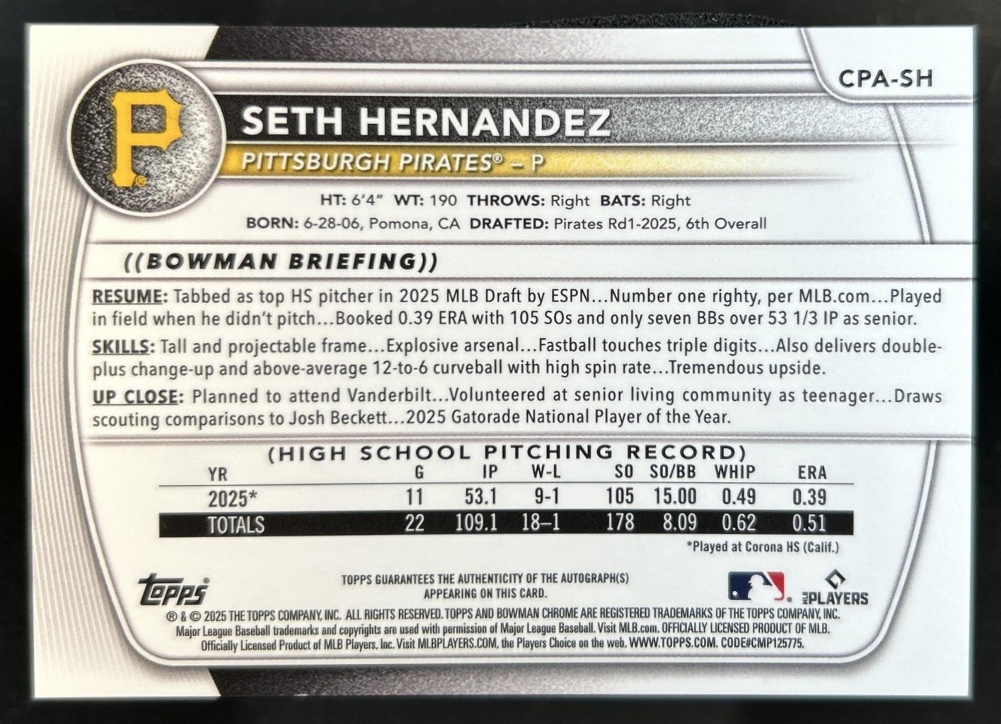 2025 Bowman Draft Seth Hernandez Chrome Auto Green Lava Refractor 1st #/99 view 2
