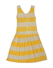 VINTAGE Womens Sleeveless A-Line Dress UK 12 Medium Yellow Striped Cotton CF14