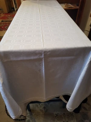 Weiße alte Damast- Tischdecke mit Häkelspitze, Handarbeit, 155 x 100 cm, TOP! - Bild 1 von 4
