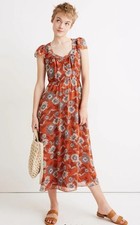 Madewell Women Gathered Blooms Floral Sheer Sleeve Button Down Midi Dress Size 0