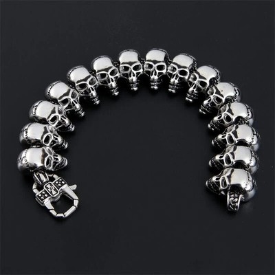 Men's 316L Stainless Steel Heavy Punk Gothic Biker Silver Skull Chain Bracelet