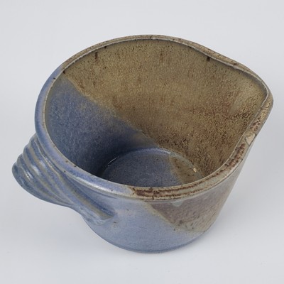 Handmade Ceramic Pot Textured Handle 2 Tone Glaze Beige and Blue Signed 1991