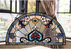 Tiffany Style Stained Glass Window Panel Semi Circle Red Blue