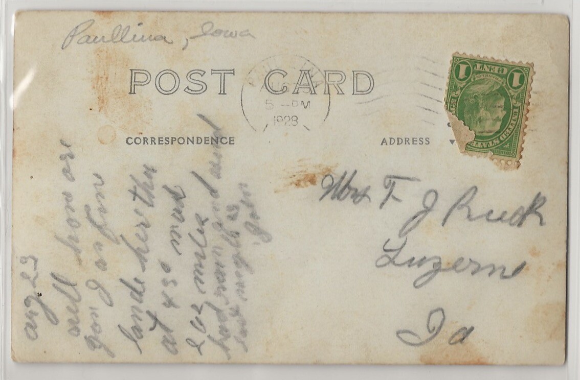 1928 street view, store, church, Paullina, Iowa; photo postcard RPPC eBay