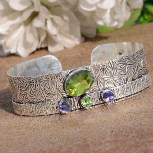 Faceted Peridot & Amethyst Cut Gemstone 925 Sterling Silver Big Bangle Cuff - Picture 5 of 8