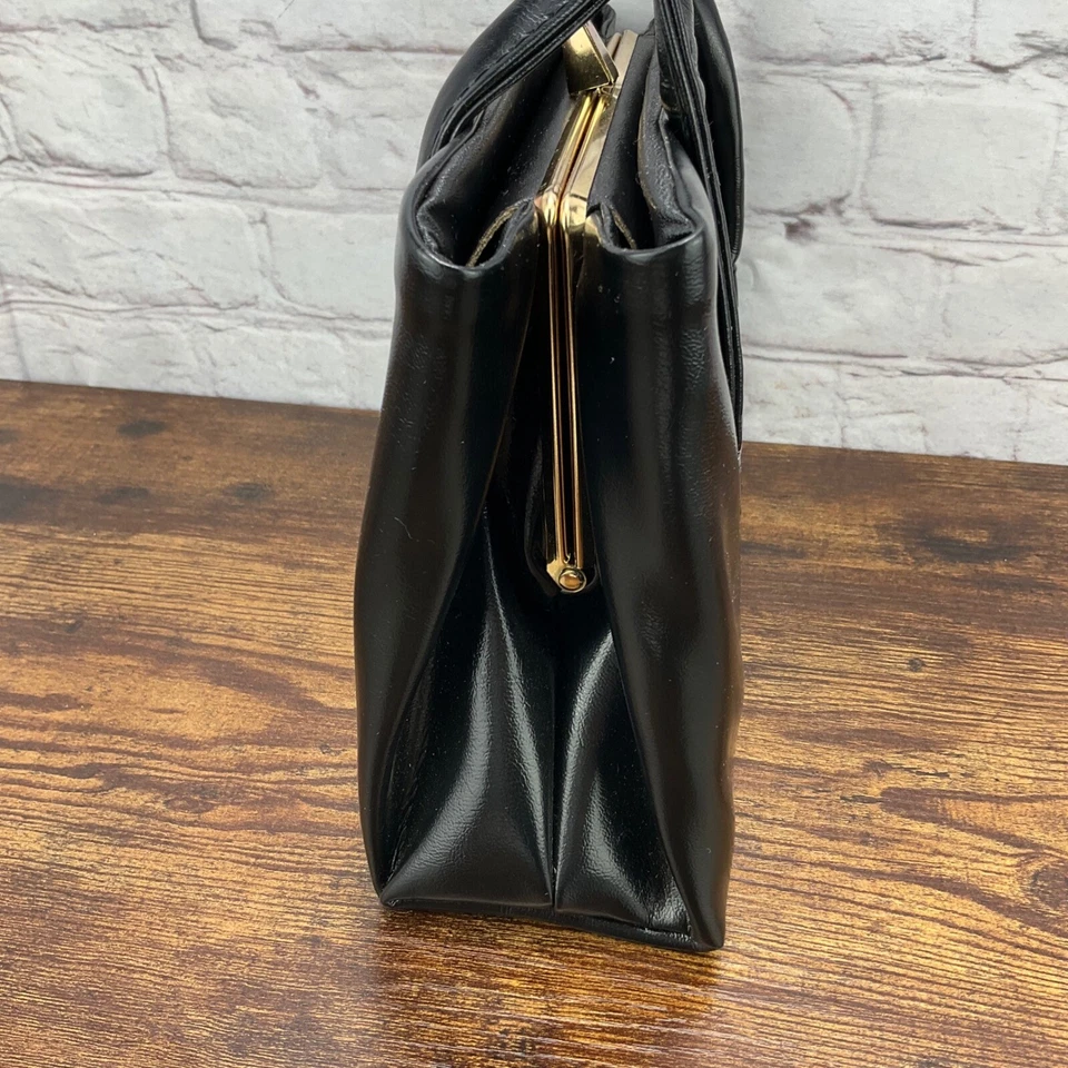 Vintage Handbag Black Top Handle Structured Purse Classic Satchel Small - Image 3 of 4