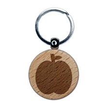 Apple Fruit Engraved Wood Round Keychain Tag Charm