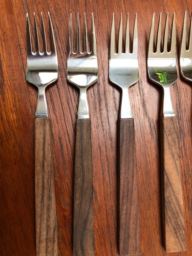 Set 6 in box Fiskar Finland Triennale flatware salad forks Stainles & Rosewood - Picture 3 of 6