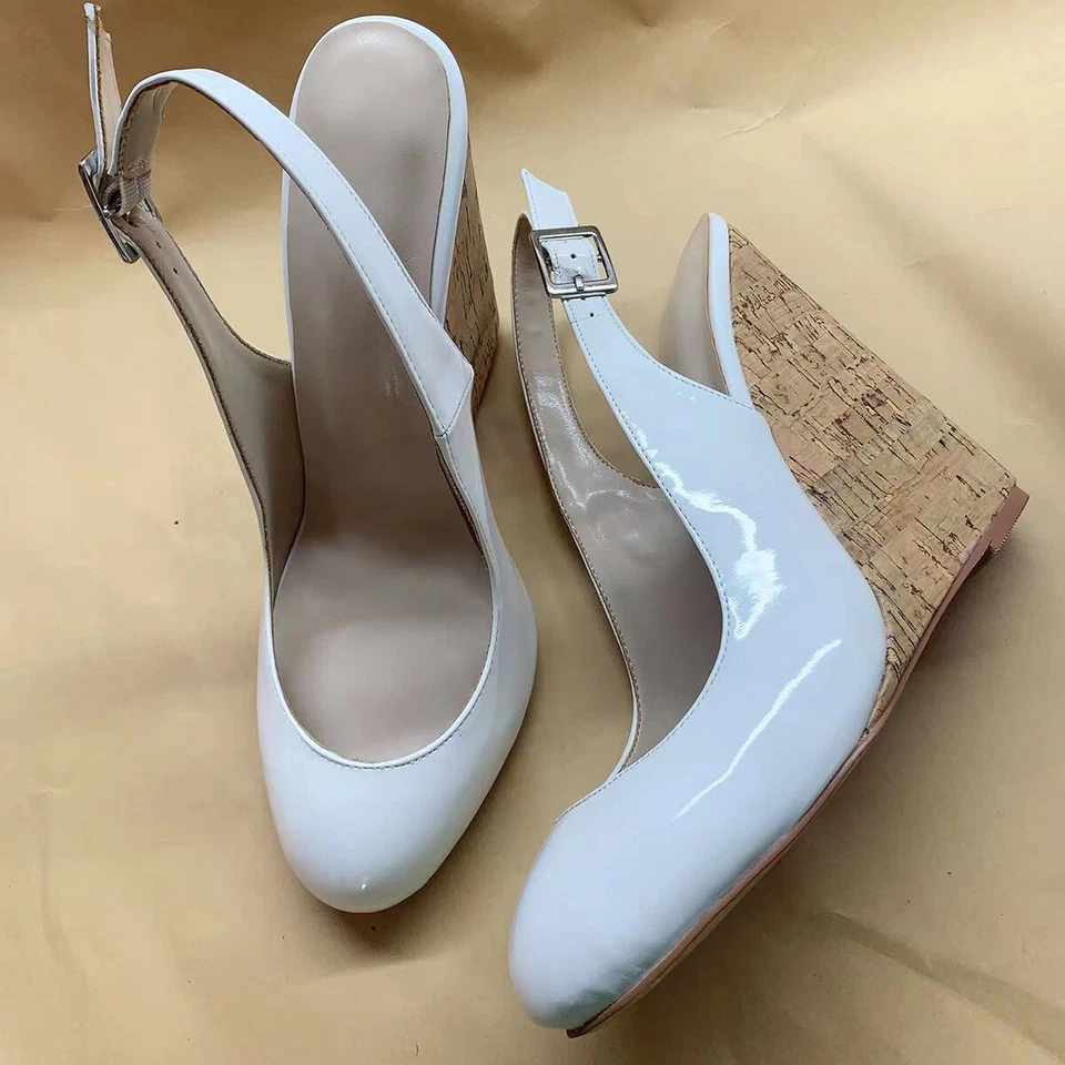 Women's Sandals Round Toe High Heels Shoes Wedge Slingback Ankle Strap Black - Image 2 of 2