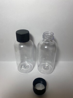 New 12 Pack 2 Oz Empty Plastic CLEAR PET Bottles w/black Ribbed Lid travel size