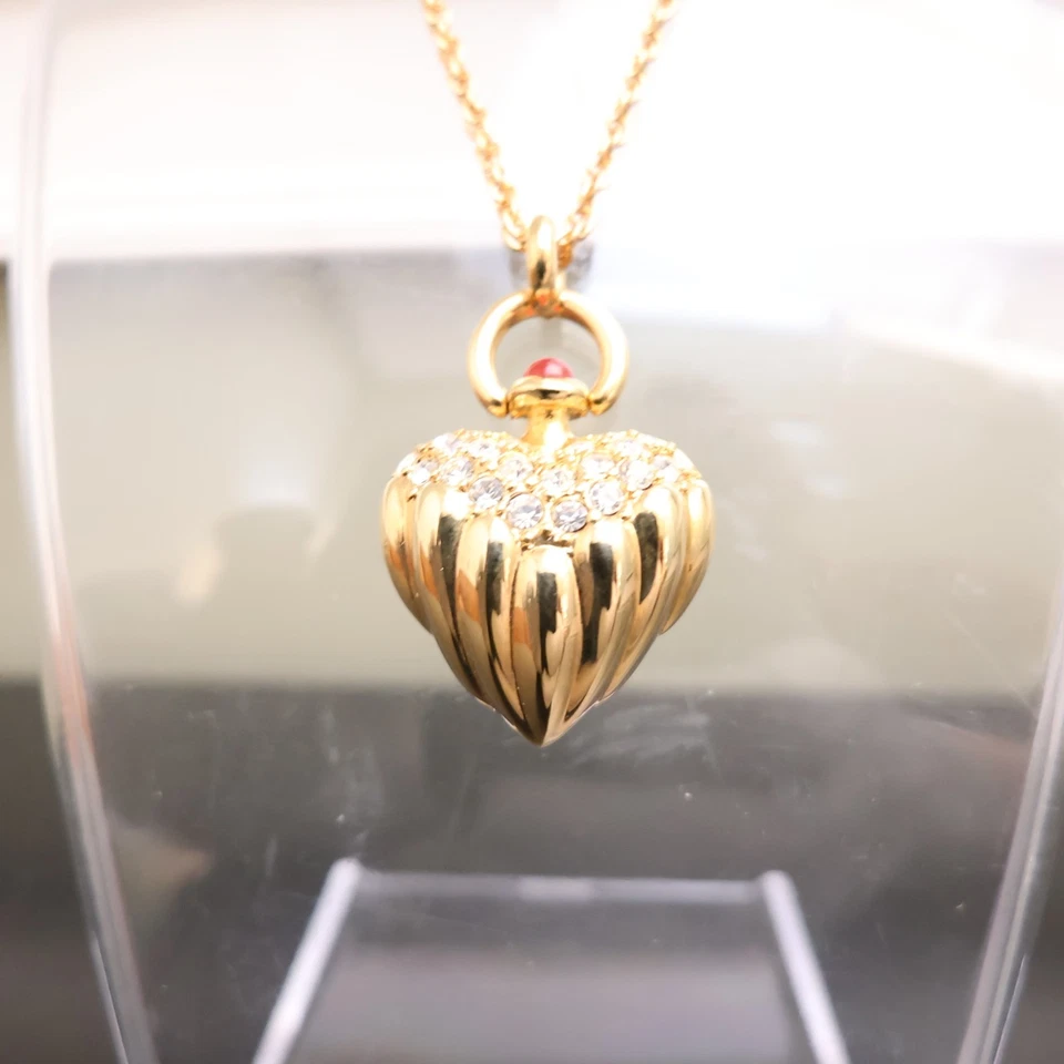 Joan Rivers Collar Corazón Hinchado Brillante Tono Dorado Pavé Cristal Rojo Cabujón Firmado Foto 2 de 4