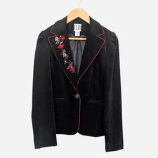 1990s Clio Black Cotton Velvet Embroidered Folk Floral Blazer Small