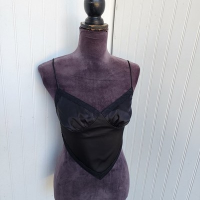 American Threads Triangle Tank Top Women's Black Satin Boho Flirty Tie Back Sz S