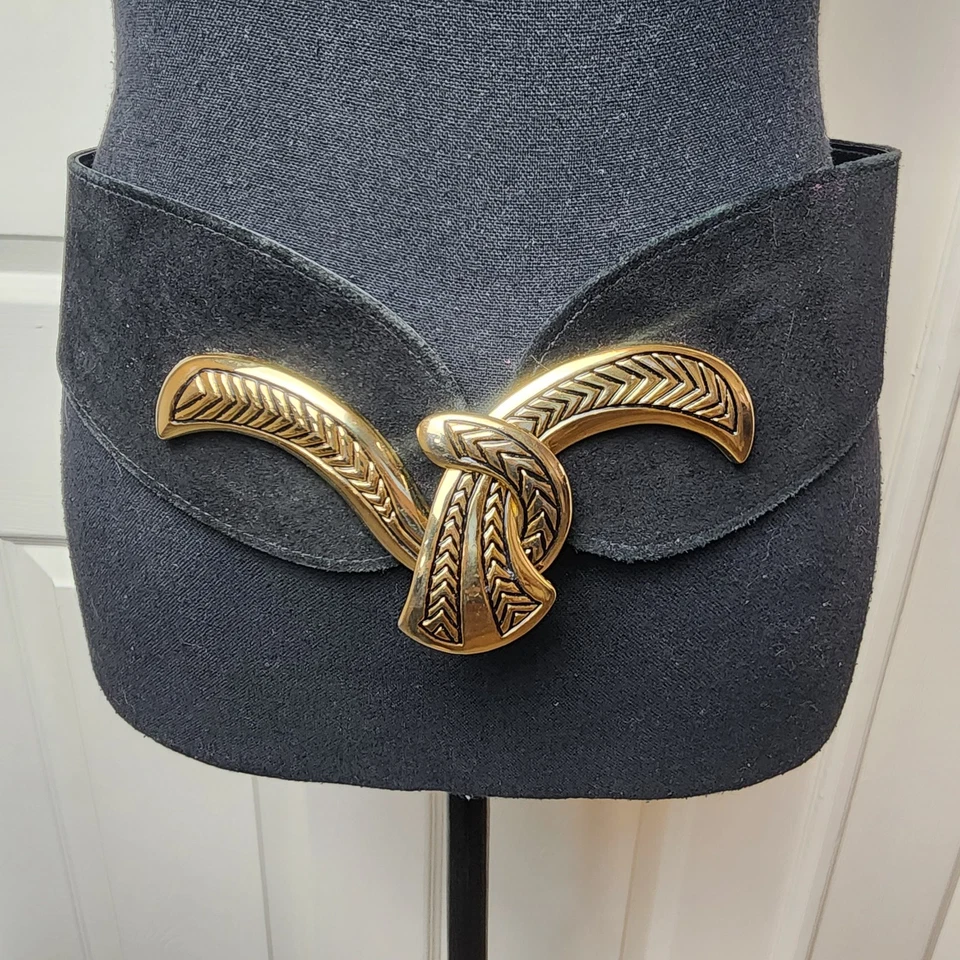 Vintage Black Statement Wide Belt Gold Knot Buckle Glam 80s Suede Art To Wear - Image 2 of 4