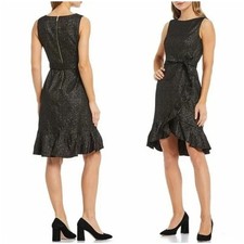 CALVIN KLEIN Black Gold Ruffle Hem Tie Waist Dress Sleeveless Fairy Whimsical