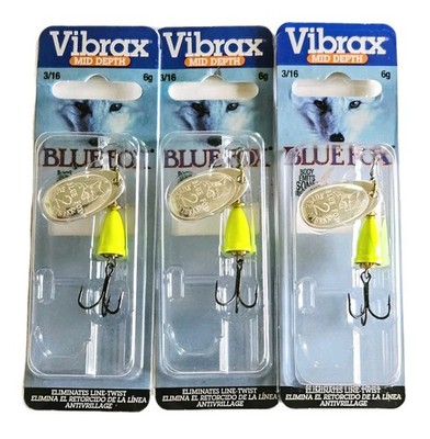 (3) Blue Fox Vibrax Spinners Size 2 3/16 oz Color Is Silver Fluorescent Yellow 