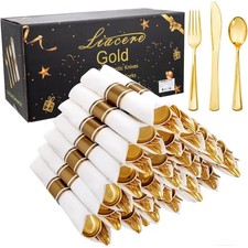 100Pack Pre Rolled Gold Silverware and Napkin-Disposable Gold Plastic Utensil...