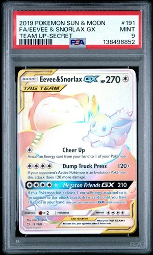 2019 Pokemon Sun Moon Team Up Eevee Snorlax GX Rainbow #191/181 PSA 9
