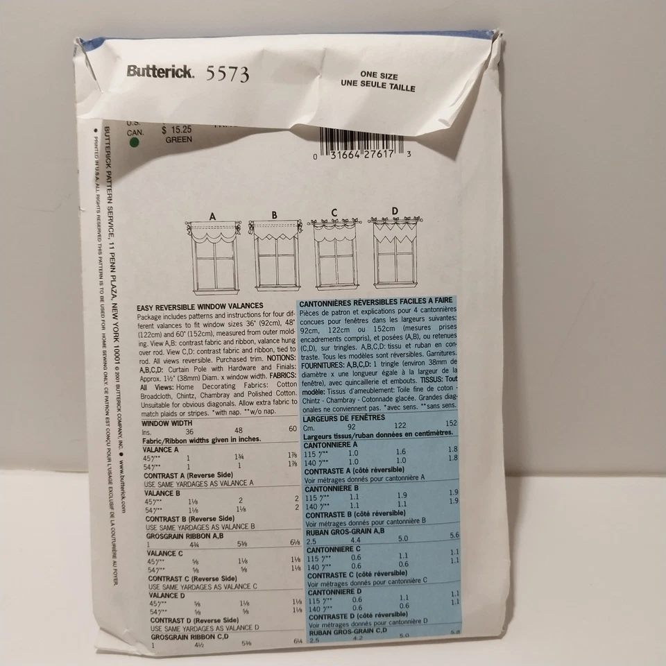 Butterick Sewing Pattern 5573 Fast Valances Reversable Uncut Vintage 2001 New - Image 4 of 4