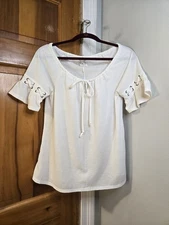 Naif Ruffle Sleeve Tie Neck Top White Sz Small