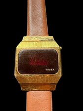 Vintage Timex LED Watch Gold Tone Brown Faux Leather Band Digital Display Retro