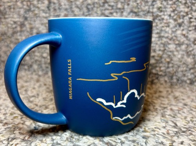 #ad NIAGARA FALLS Blue and White Ceramic Coffee Cup 14oz Abstract $14.99