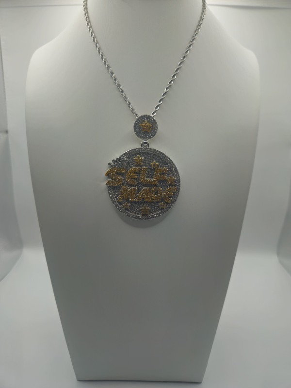 "SELF MADE" Circular Statement Pendant Necklace Iced Out Gold Silver Tone