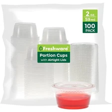 Disposable Plastic Portion Cups with Lids 2 Ounce 100 Sets Meal Prep Salad