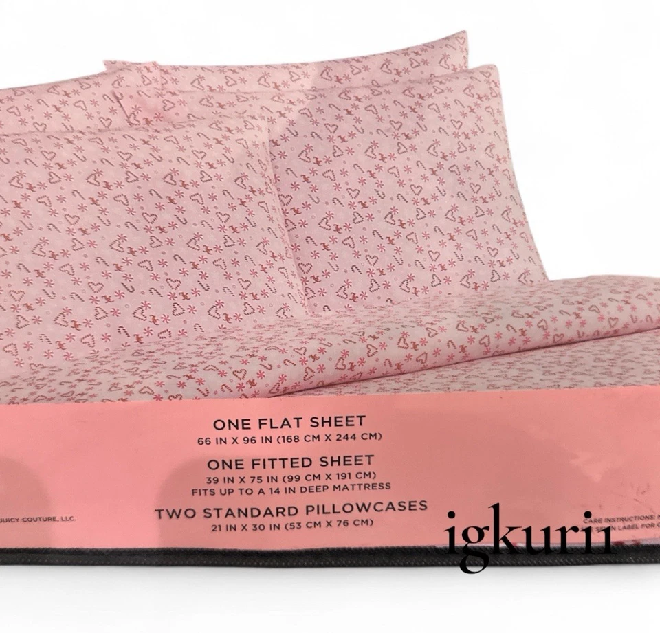Juicy Couture Christmas Candy Cane Hearts Twin 4pc Bedding Sheet Set pink new - Image 4 of 4