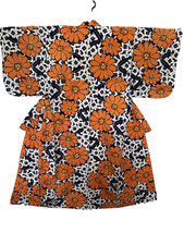 Vintage Japanese Kimono Yukata Orange Blue Lily Floral with Cleaned Tag Japan