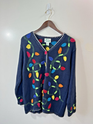 The Quacker Factory Womens Embroidered Christmas Cardigan Sweater L Festive VTG