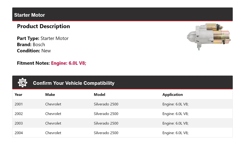 Para Chevrolet Silverado 2500 2001-2004 6,0 L V8 Bosch Arranque (Nuevo) 2002 2003 Foto 2 de 4
