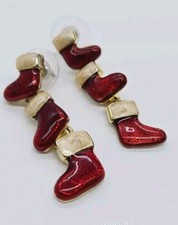 Christmas Stocking Pierced Earrings Dangle Drop Gold tone enamel 1.75 in Chunky