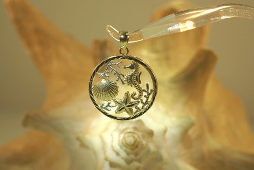 24.5MM 2TONE 14K YELLOW GOLD DC HAWAIIAN SEAHORSE STARFISH SHELL CORAL PENDANT - Picture 6 of 8