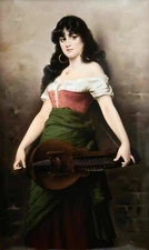 KPM Berlin Hand Painted Porcelain Plaque Framed Portrait Woman w/ Instrument