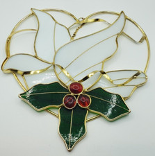 Vintage Suncatcher Stained Glass White Dove Bird, Window Hanger Leaves Large