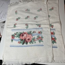 Boho Hand Fingertip Towels Vintage Fringe Lot/2 Cream Pink Roses 16.5"Lx11" Blue