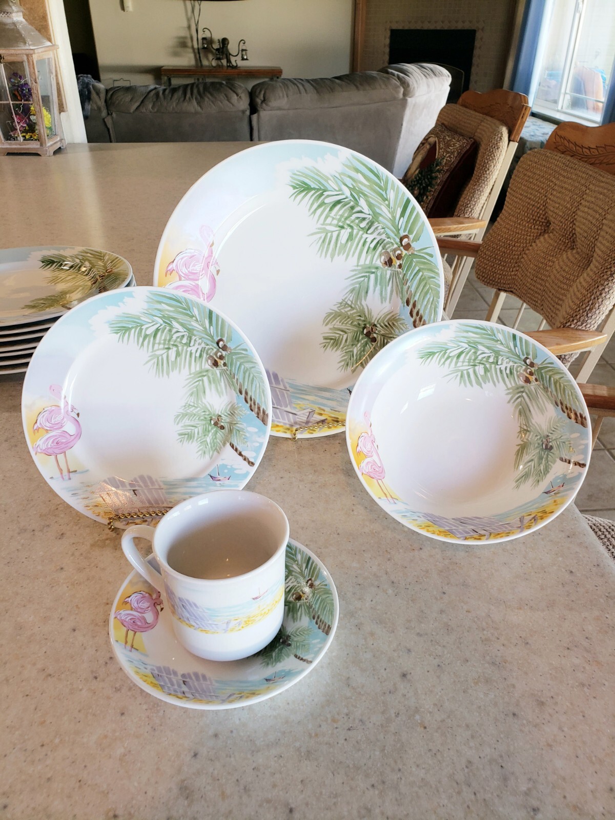 Gibson Dinnerware Service For 8 Elegant Coastal Design 64-P Flamingo Palm Design