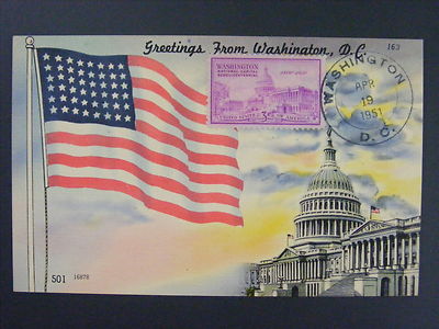 Greetings Washington DC Linen Postcard 992 3c US Capitol Stamp 1951 Postmark