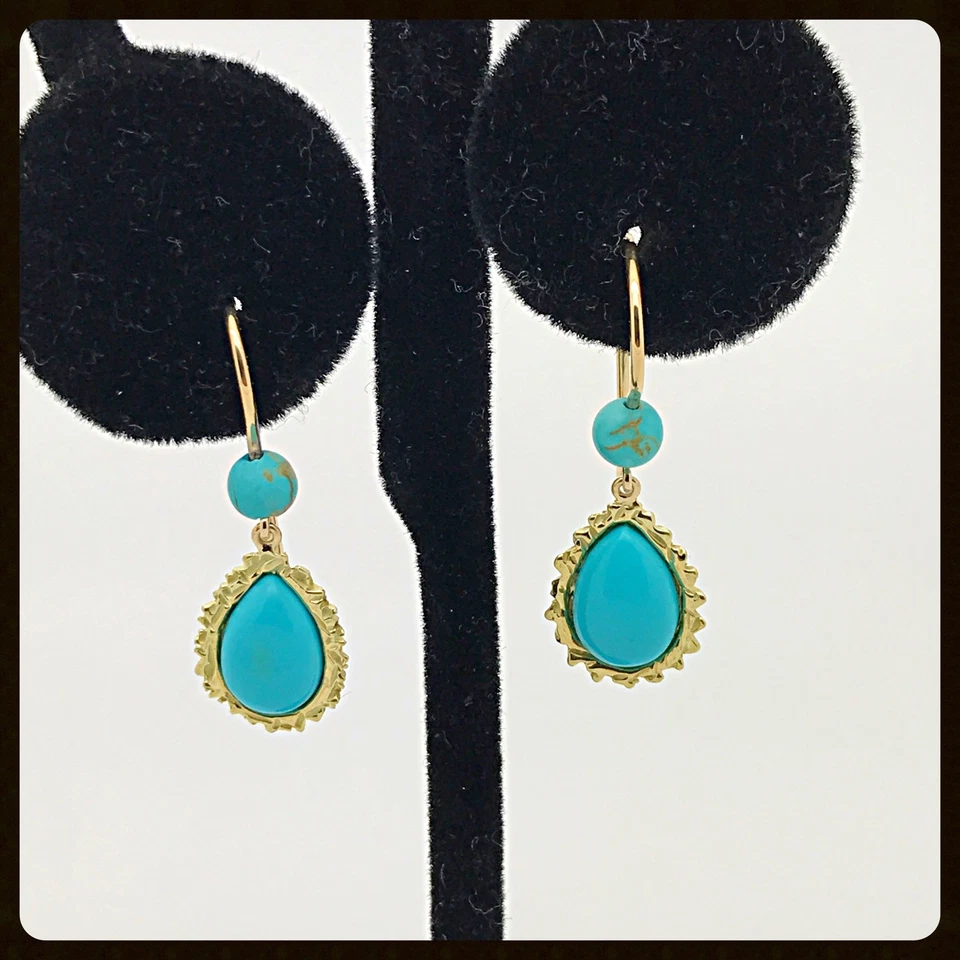 Pendientes Boho Turquesa Natural Oro Amarillo 18k RAW Hechos a Mano Foto 4 de 4