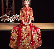 Chinese Style Red Embroidery Dress New Bride Wedding Dress Ball Gown 3/4 Sleeve