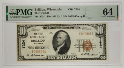 1929 Brillion WI 1st National Bank $10 PMG 64 Top Pop