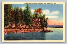 Postal New York Lake Champlain Shores Bluffs Pine Trees Lino I474
