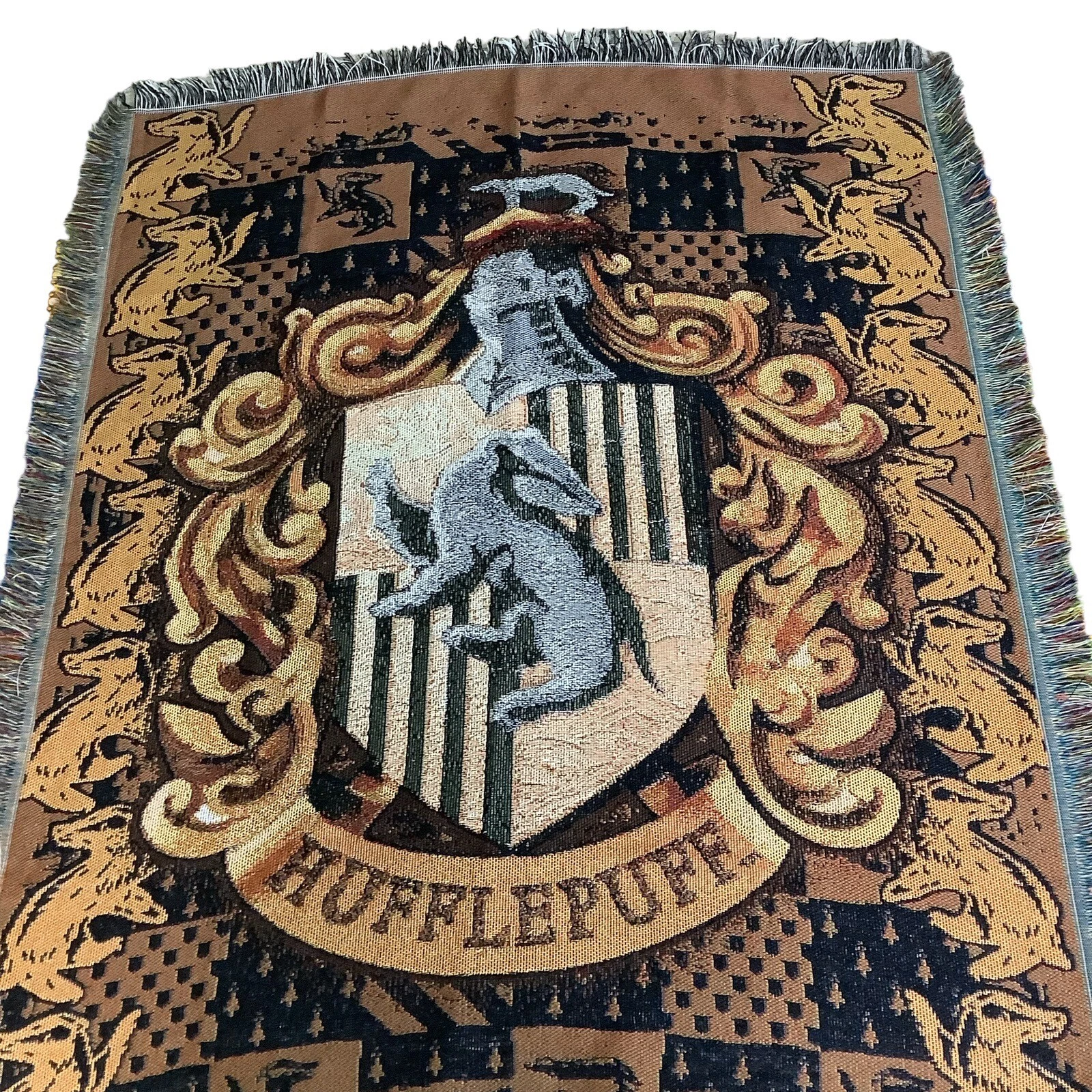 Harry Potter Hufflepuff Dark Academic Woven Tapestry Throw Blanket with Fringe