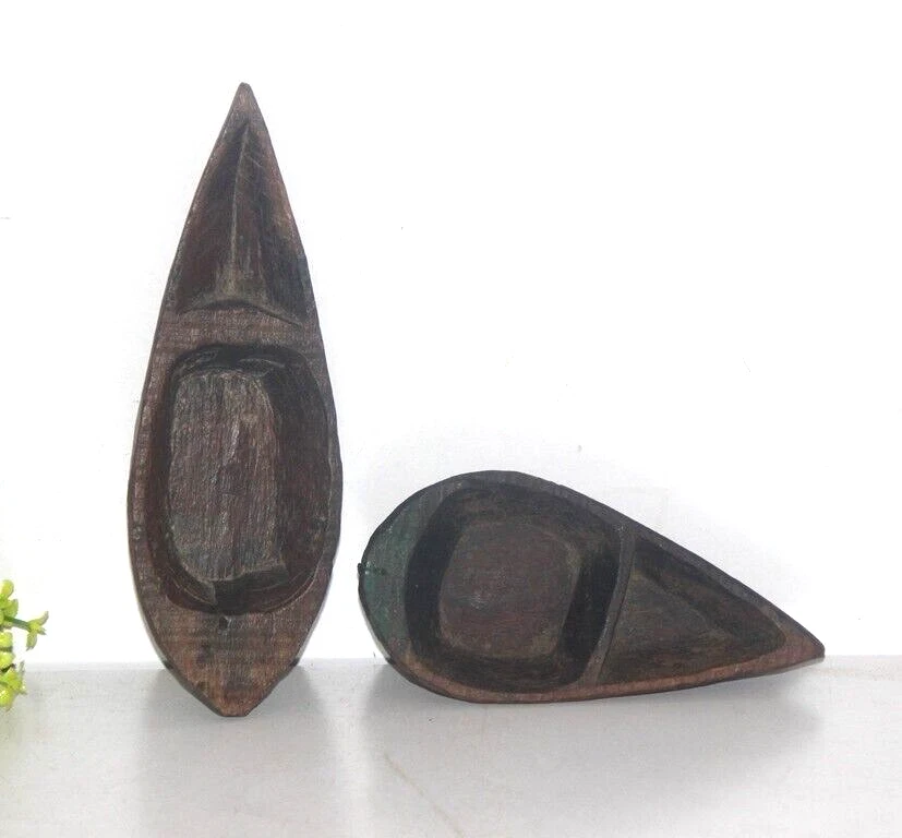 Antiguo cuenco tribal de madera tallado a mano de 1850 2 piezas y decorativo para guijarros 8704 Foto 2 de 4