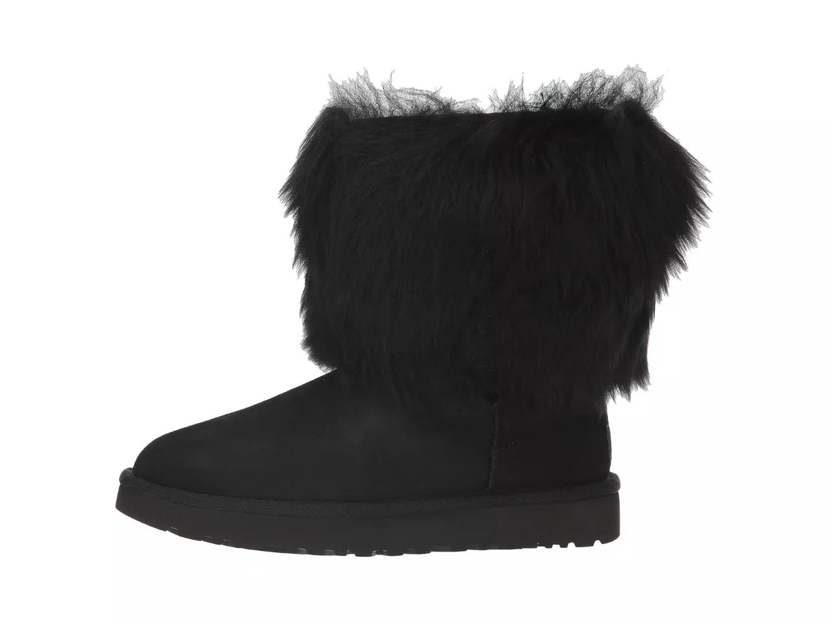 UGG Short Sheepskin Cuff Flat Pull on Boots Black Twinface Sheepskin US Size 7