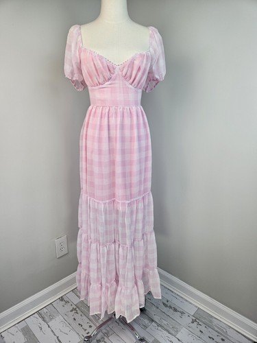 Shero Cottage Feminine Maxi Dress Small Pink Backless Puff Sleeve